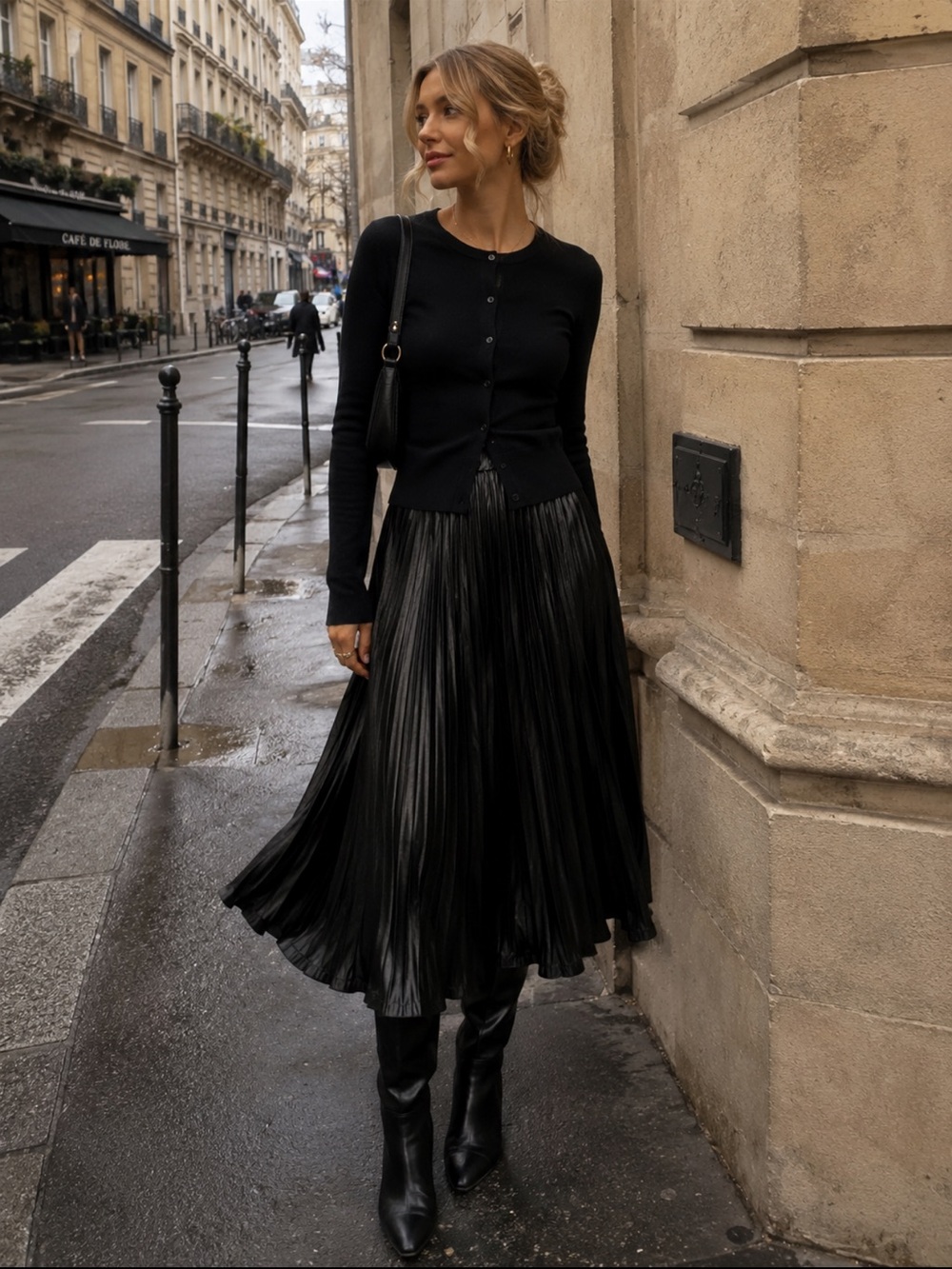 dennis basso Black Pleated Midi Skirt
